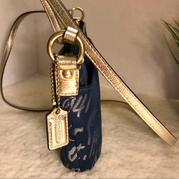 In Like-New COACH Poppy Signature Script Lurex Blue Gold Jacquard Leather Bag - Picture 7 of 14